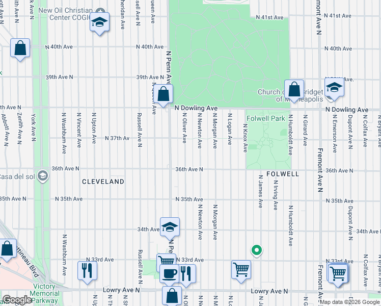 map of restaurants, bars, coffee shops, grocery stores, and more near 3617 North Newton Avenue in Minneapolis