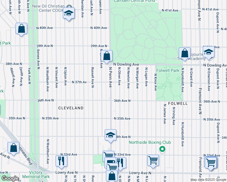 map of restaurants, bars, coffee shops, grocery stores, and more near 2208 36th Avenue North in Minneapolis