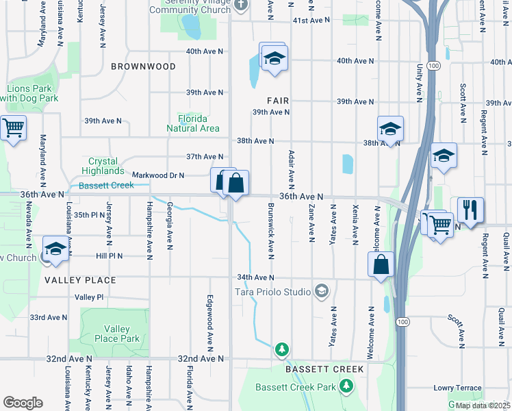 map of restaurants, bars, coffee shops, grocery stores, and more near 6121 36th Avenue North in Minneapolis