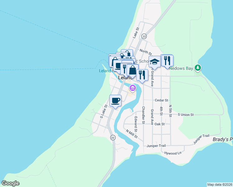 map of restaurants, bars, coffee shops, grocery stores, and more near 206 South Main Street in Leland