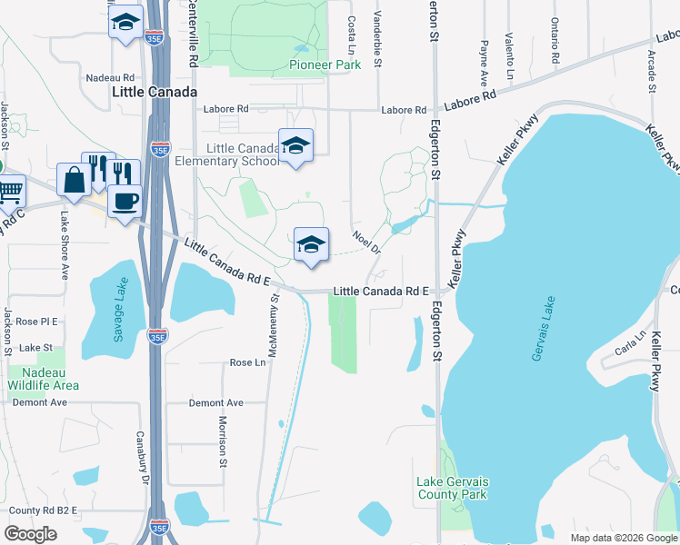 map of restaurants, bars, coffee shops, grocery stores, and more near 477 Little Canada Road East in Little Canada