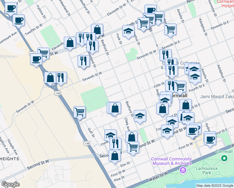 map of restaurants, bars, coffee shops, grocery stores, and more near 16 Lauber Avenue in Cornwall