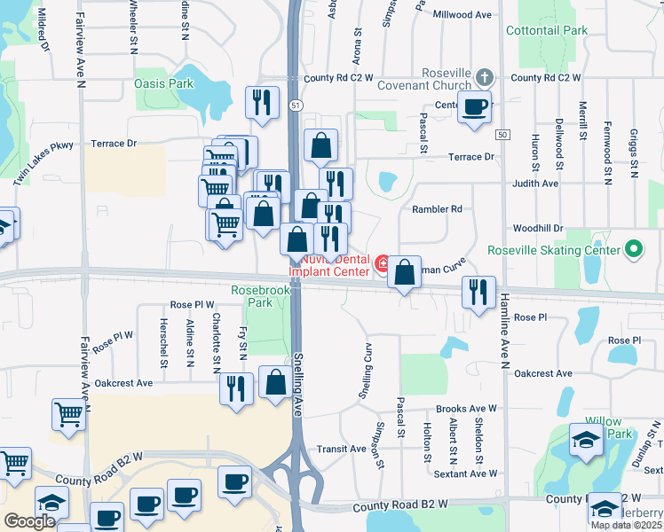 map of restaurants, bars, coffee shops, grocery stores, and more near 1525 County Road C West in Roseville