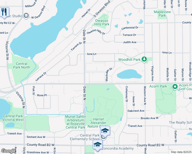 map of restaurants, bars, coffee shops, grocery stores, and more near 2710 Dale Street North in Roseville