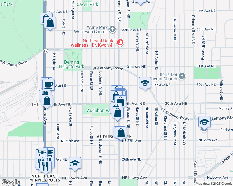 map of restaurants, bars, coffee shops, grocery stores, and more near 2919 Johnson Street Northeast in Minneapolis