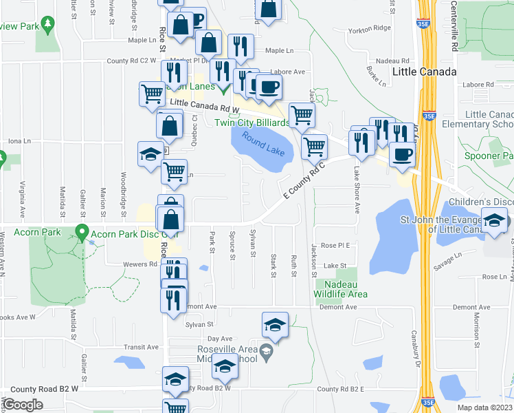 map of restaurants, bars, coffee shops, grocery stores, and more near 33 East County Road C in Saint Paul