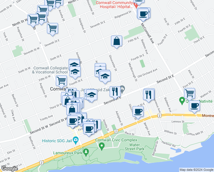 map of restaurants, bars, coffee shops, grocery stores, and more near 308 Third Street East in Cornwall