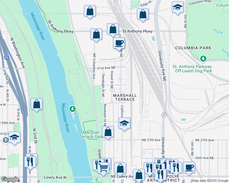 map of restaurants, bars, coffee shops, grocery stores, and more near 2915 Grand Street Northeast in Minneapolis