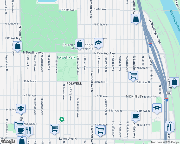 map of restaurants, bars, coffee shops, grocery stores, and more near 3618 North Fremont Avenue in Minneapolis