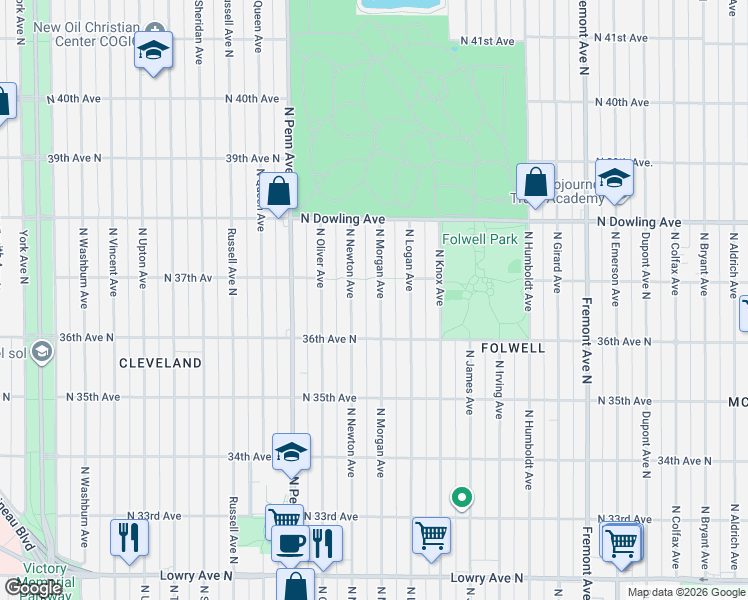 map of restaurants, bars, coffee shops, grocery stores, and more near 3617 North Morgan Avenue in Minneapolis