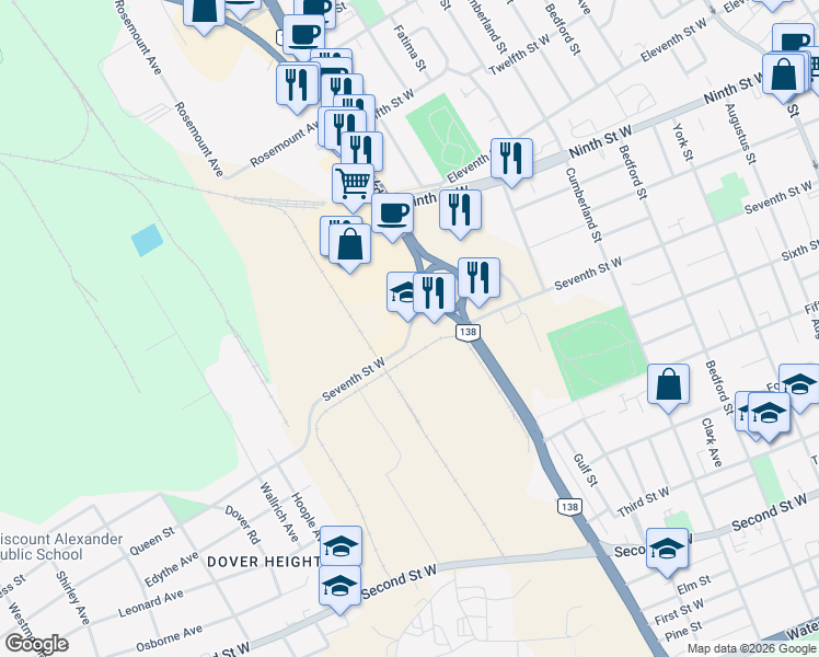 map of restaurants, bars, coffee shops, grocery stores, and more near 786 Seventh Street West in Cornwall