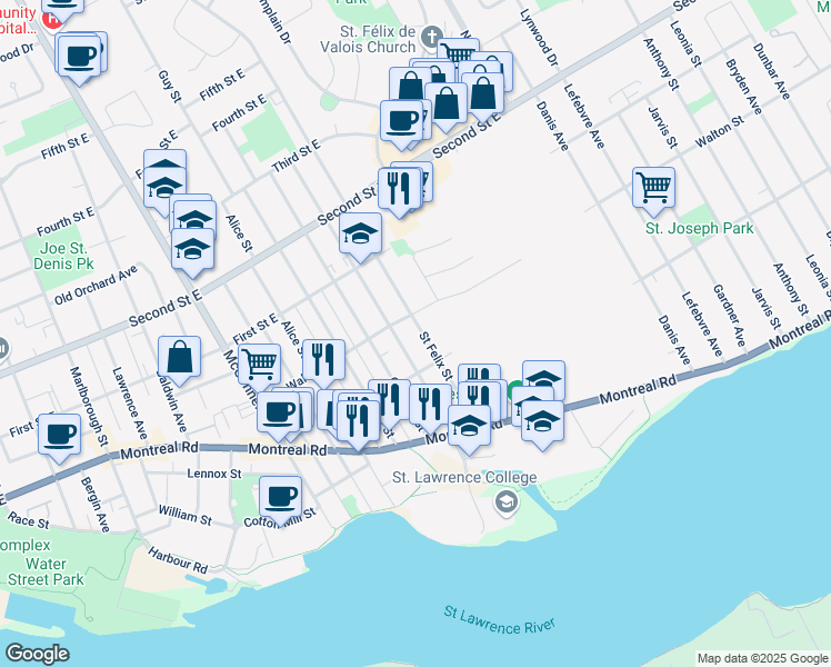 map of restaurants, bars, coffee shops, grocery stores, and more near 228 Saint Felix Street in Cornwall