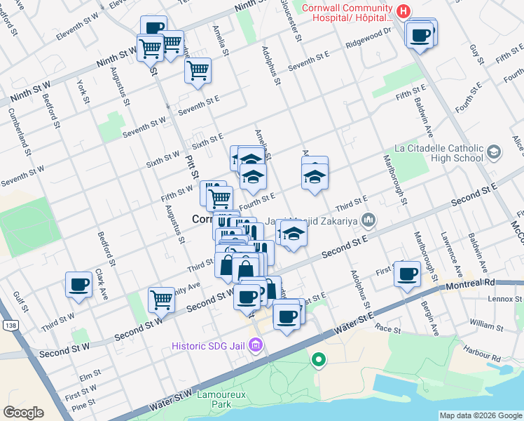map of restaurants, bars, coffee shops, grocery stores, and more near 118 Fourth Street East in Cornwall