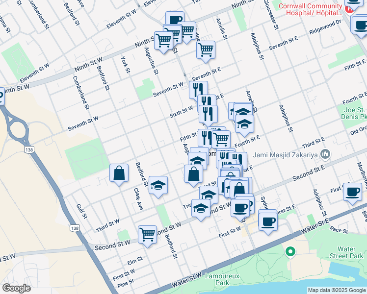 map of restaurants, bars, coffee shops, grocery stores, and more near 444 Augustus Street in Cornwall