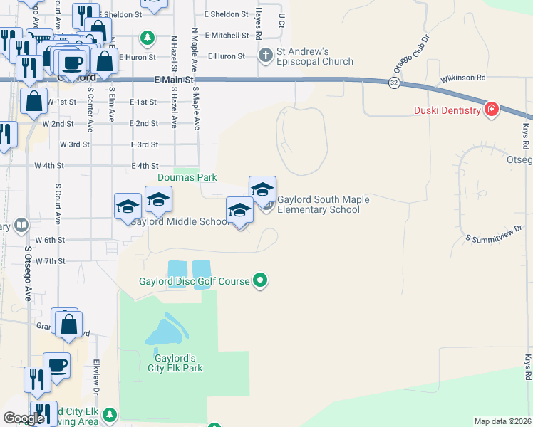 map of restaurants, bars, coffee shops, grocery stores, and more near 650 East 5th Street in Gaylord