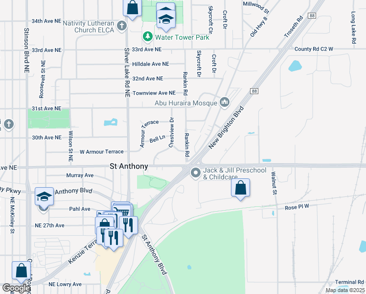 map of restaurants, bars, coffee shops, grocery stores, and more near 2904 Rankin Road in Minneapolis