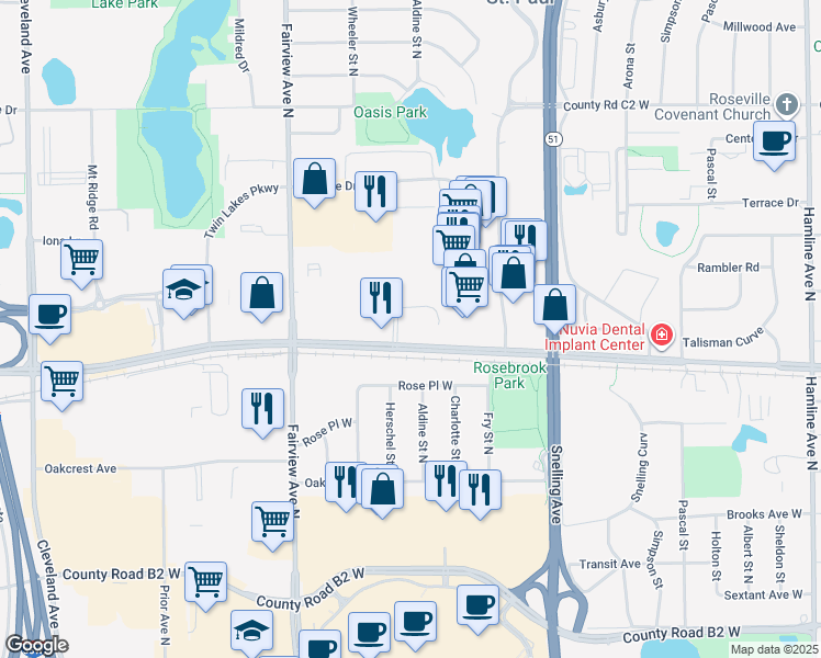 map of restaurants, bars, coffee shops, grocery stores, and more near 1717 County Road C West in Saint Paul