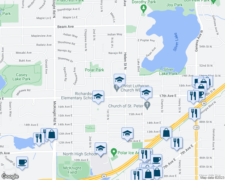 map of restaurants, bars, coffee shops, grocery stores, and more near 2475 17th Avenue East in North Saint Paul