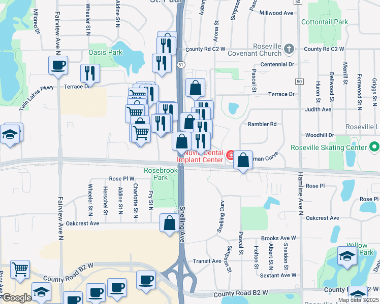 map of restaurants, bars, coffee shops, grocery stores, and more near 2690 East Snelling Ser Drive in Roseville