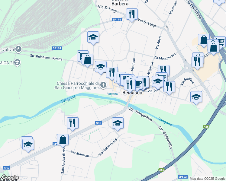 map of restaurants, bars, coffee shops, grocery stores, and more near 4 Piazza Vittorio Alfieri in Beinasco