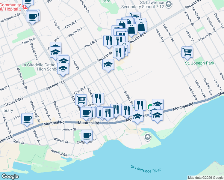map of restaurants, bars, coffee shops, grocery stores, and more near 504 Walton Street in Cornwall
