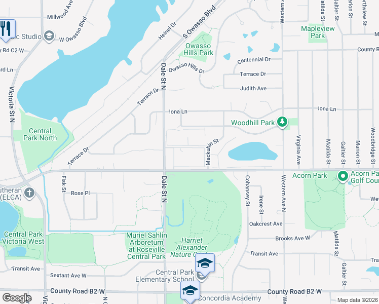 map of restaurants, bars, coffee shops, grocery stores, and more near 570 Woodhill Drive in Roseville