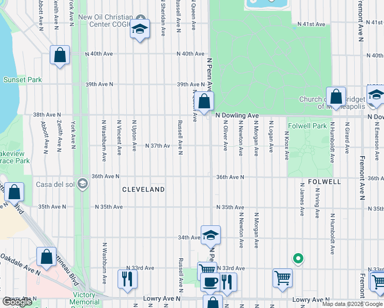 map of restaurants, bars, coffee shops, grocery stores, and more near 3704 Russell Avenue North in Minneapolis