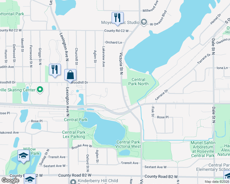 map of restaurants, bars, coffee shops, grocery stores, and more near in Roseville