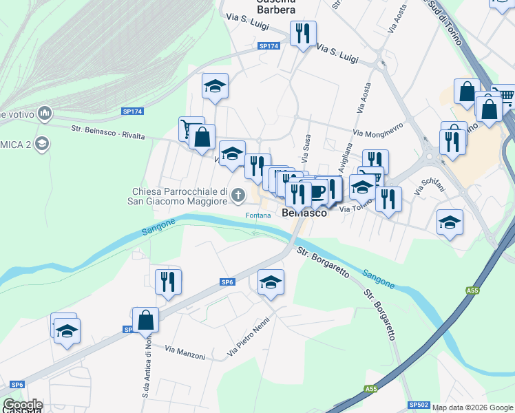 map of restaurants, bars, coffee shops, grocery stores, and more near 4 Piazza Vittorio Alfieri in Beinasco