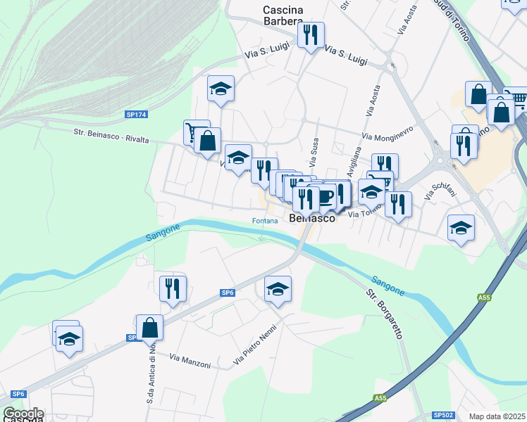 map of restaurants, bars, coffee shops, grocery stores, and more near 4 Piazza Vittorio Alfieri in Beinasco