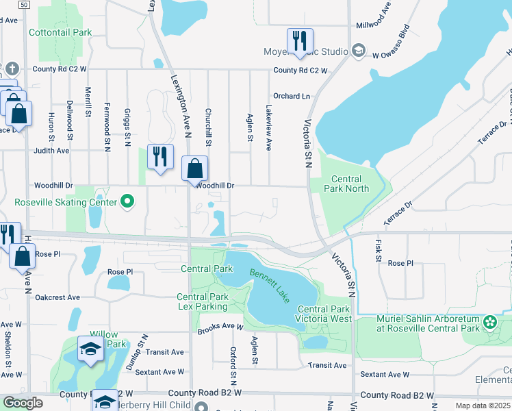 map of restaurants, bars, coffee shops, grocery stores, and more near 1000 Woodhill Drive in Roseville