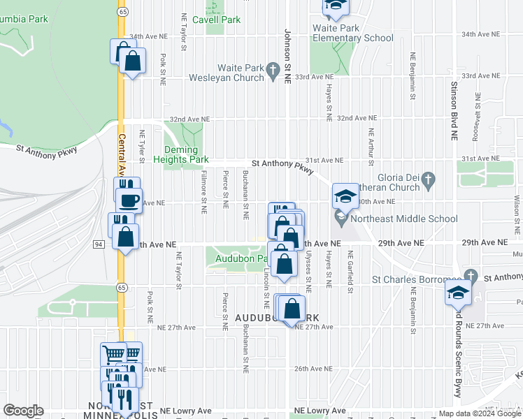 map of restaurants, bars, coffee shops, grocery stores, and more near 2950 Lincoln St NE in Minneapolis