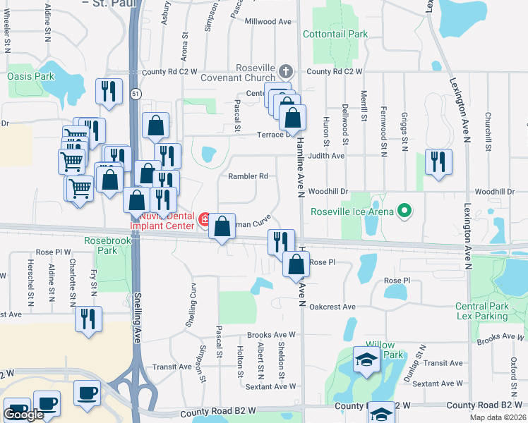 map of restaurants, bars, coffee shops, grocery stores, and more near 1404 Primrose Curve in Saint Paul