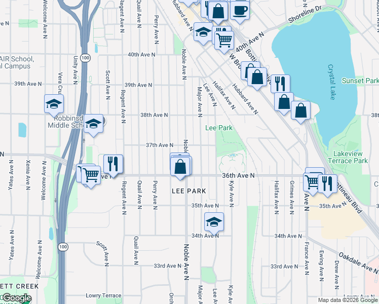 map of restaurants, bars, coffee shops, grocery stores, and more near 3701 Noble Avenue North in Minneapolis