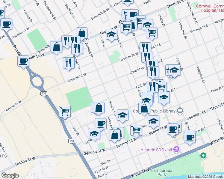 map of restaurants, bars, coffee shops, grocery stores, and more near in Cornwall