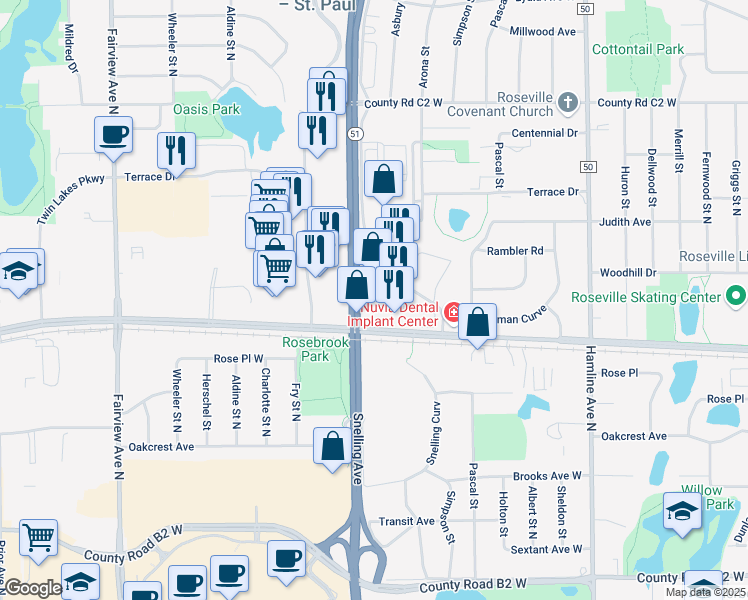 map of restaurants, bars, coffee shops, grocery stores, and more near 2690-2720 Snelling Ave N in Roseville