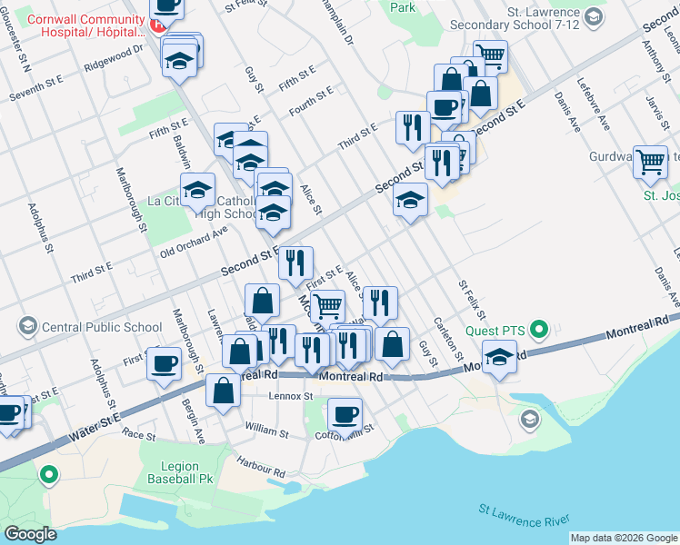 map of restaurants, bars, coffee shops, grocery stores, and more near in Cornwall