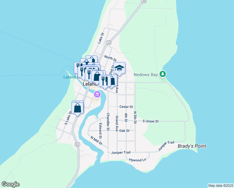 map of restaurants, bars, coffee shops, grocery stores, and more near 109 North Grand Avenue in Leland