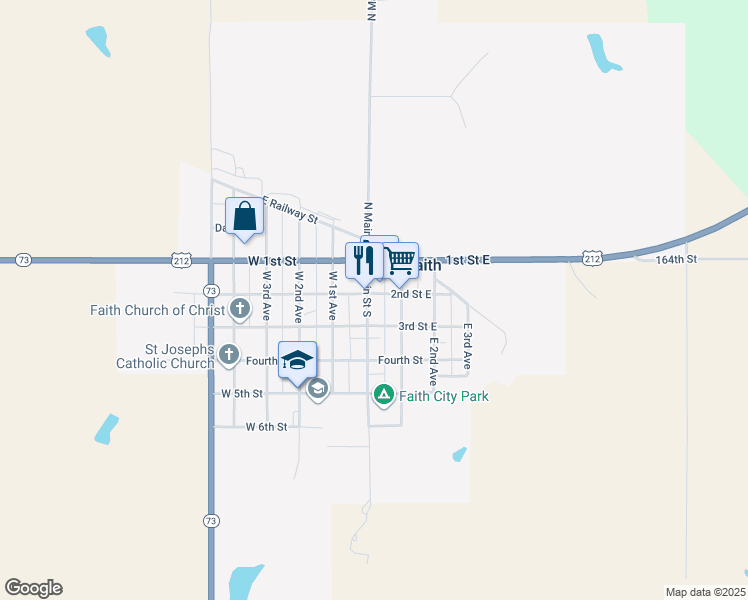 map of restaurants, bars, coffee shops, grocery stores, and more near 206 Main Street South in Faith