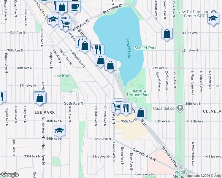 map of restaurants, bars, coffee shops, grocery stores, and more near 2 West Broadway Avenue in Robbinsdale