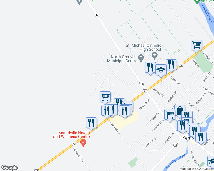 map of restaurants, bars, coffee shops, grocery stores, and more near 2582 Tempo Drive in Kemptville