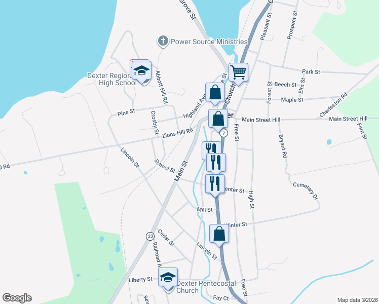 map of restaurants, bars, coffee shops, grocery stores, and more near 45 Main Street in Dexter