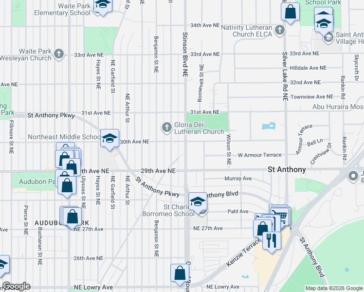 map of restaurants, bars, coffee shops, grocery stores, and more near 3001 Northeast Stinson Boulevard in Minneapolis