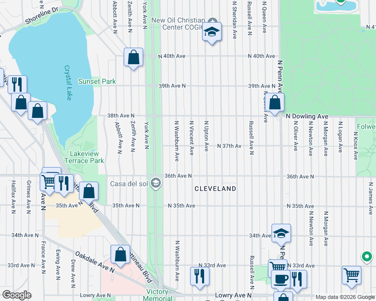 map of restaurants, bars, coffee shops, grocery stores, and more near 3707 North Vincent Avenue in Minneapolis