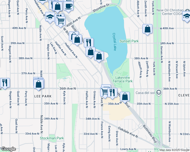 map of restaurants, bars, coffee shops, grocery stores, and more near 3711 West Broadway Avenue in Minneapolis