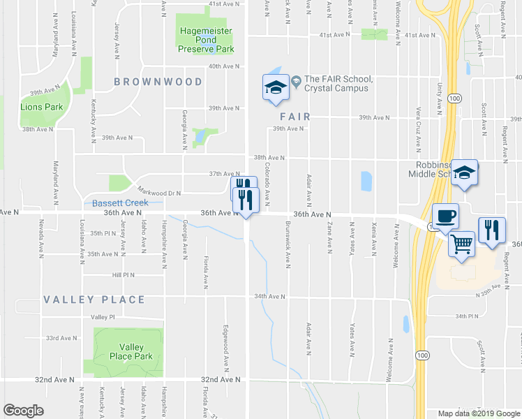 map of restaurants, bars, coffee shops, grocery stores, and more near 3616 Colorado Avenue North in Minneapolis