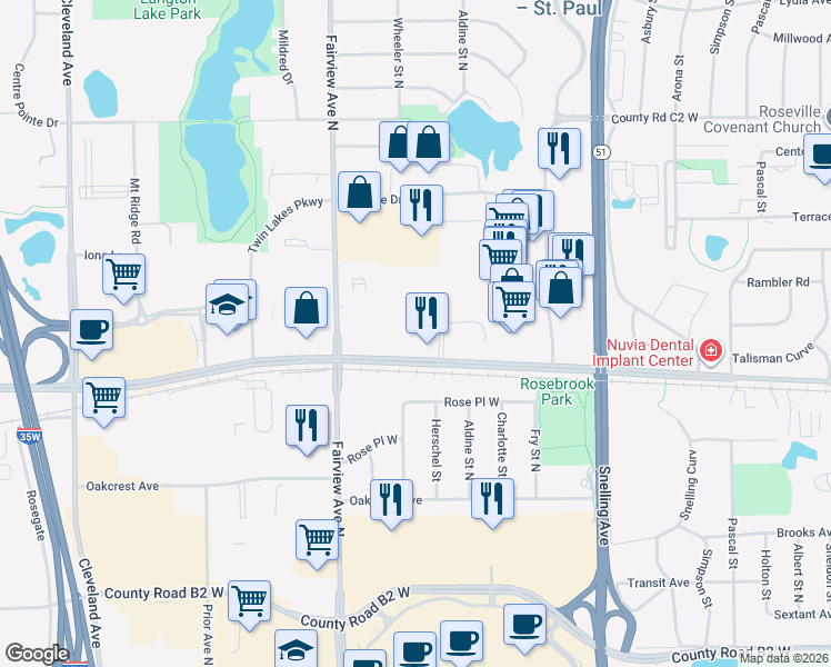 map of restaurants, bars, coffee shops, grocery stores, and more near 1743 County Road C West in Saint Paul