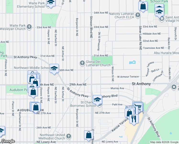 map of restaurants, bars, coffee shops, grocery stores, and more near 3001 Northeast Stinson Boulevard in Minneapolis
