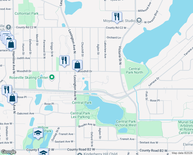 map of restaurants, bars, coffee shops, grocery stores, and more near 1000 Woodhill Drive in Roseville