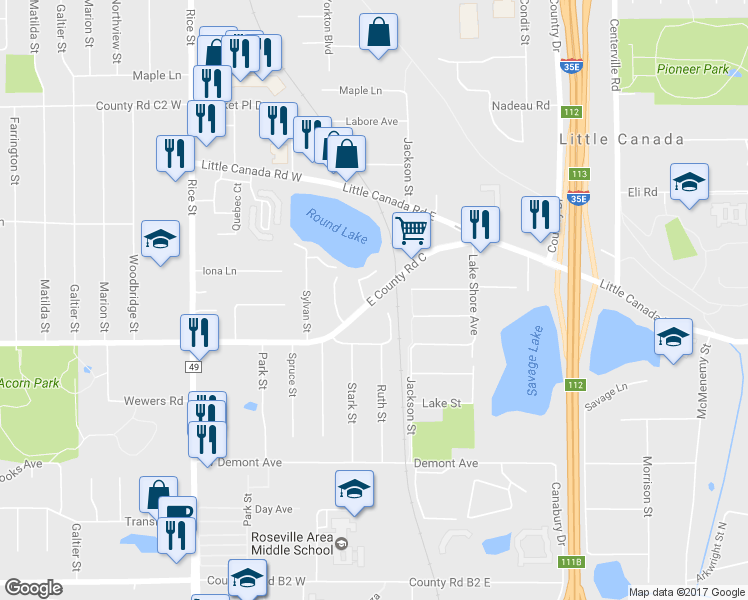 map of restaurants, bars, coffee shops, grocery stores, and more near 44 East County Road C in Little Canada